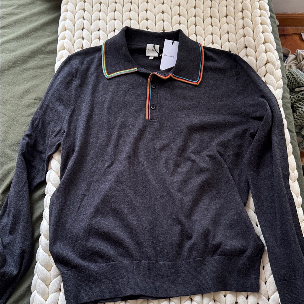 Paul Smith Charcoal Long Sleeve Polo with Vibrant Trim - Picture 2 of 2